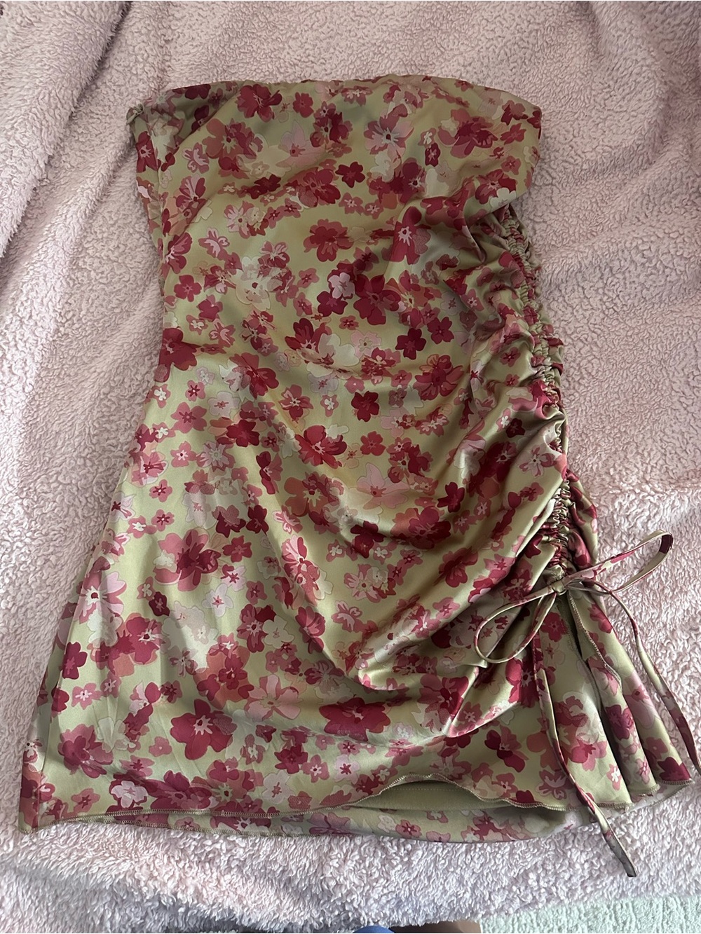 PacSun Olive Green Strapless Mini Dress with Pink Floral Print